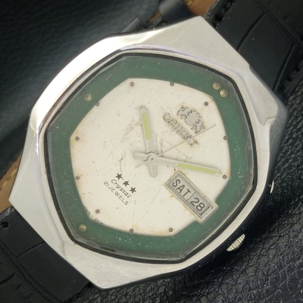 Vintage 1987 Orient Automatic Mens Silver Watch W/daydate & Green accents